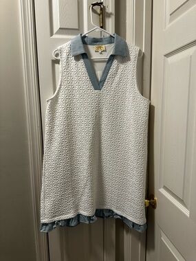 Sleeveless White Textured Dress with Light Blue Collar - SSS